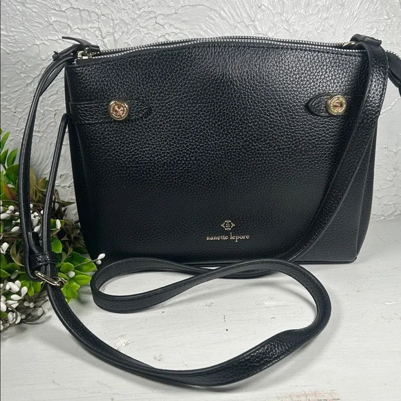 Nanette Lepore Crossbody 3 Compartment Purse Vegan Pebbled Black Leather Bag - Picture 16 of 16